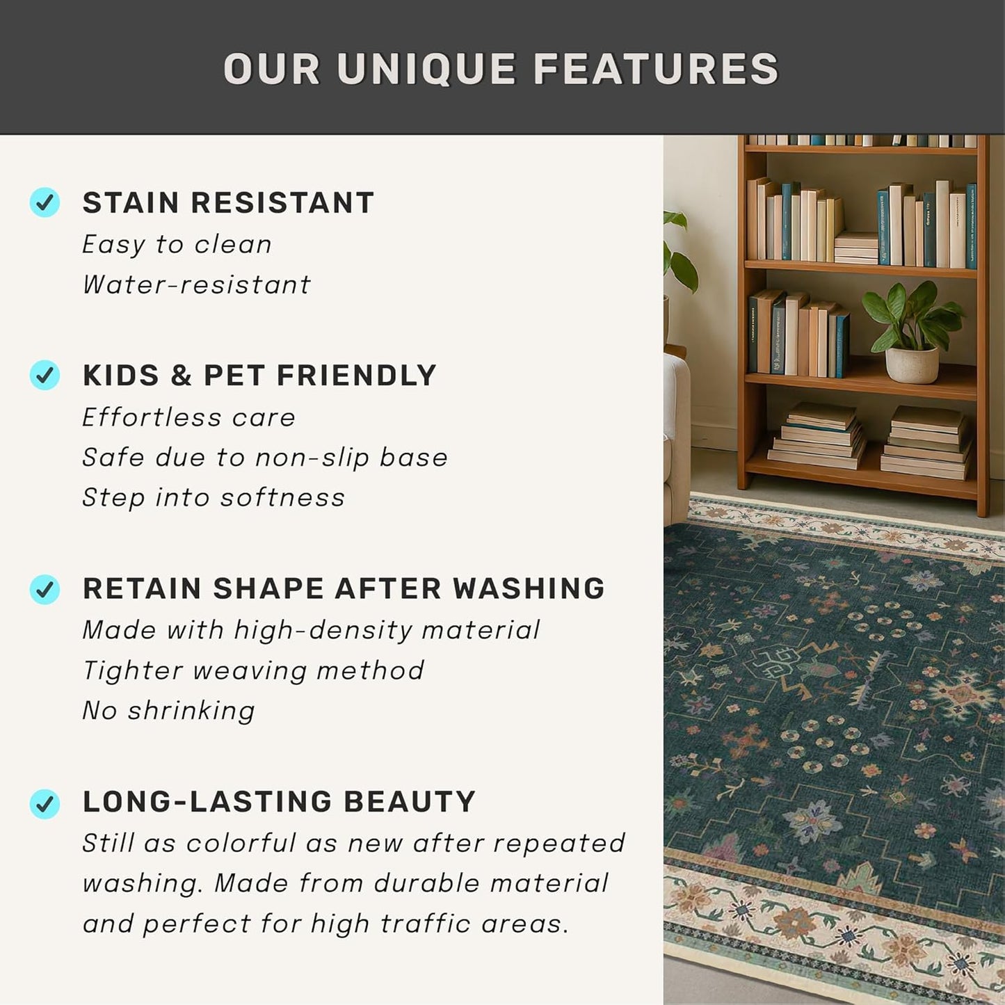 Regine Switzerland Dark Green Washable Runner Rug - Non-Skid 2'6"x10' for Hallway & Entryway Décor