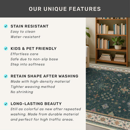 Regine Switzerland Dark Green Washable Runner Rug - Non-Skid 2'6"x10' for Hallway & Entryway Décor