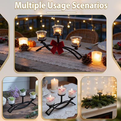 3-Arm Metal Tea Light Candle Holder Set with 5 Glass Cups, Votive Candle Holders Centerpiece Candelabra for Wedding Table Decor, Home Gatherings and Holidays (Black, 3 Cups-2 Pcs)