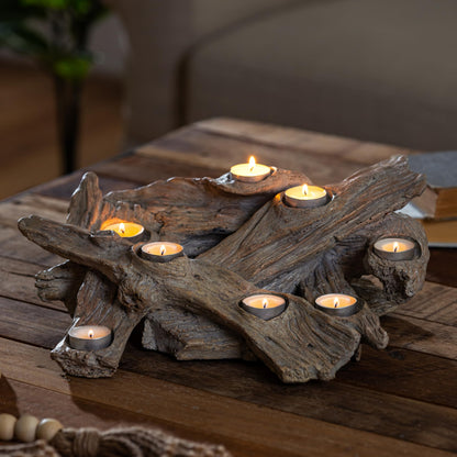 Plow & Hearth Faux Driftwood Fireplace Candle Holder, Resin Log Insert for Fireplace Decor, Holds 8 Fireplace Candles for Inside Fireplace, Coastal Beach Cozy Living Room Fireplace Decorations