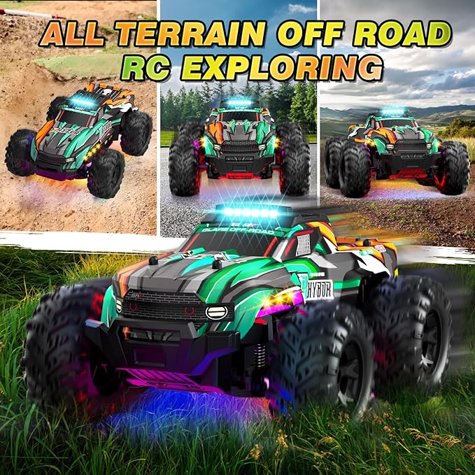 BLUEJAY Remote Control Car 1:16 All Terrain High Speed RC Cars Truck for Boy Rechargeable Monster RC Truck with Cool LED Lights &amp Spray RC Cars Toys Gifts for Adults Kids Boys Girls 4-7 8-12