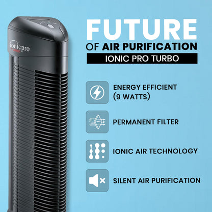 Ionic Pro Turbo (TA550) Ionic Air Purifier Tower for Home, Quiet Ionic Filterless Design, Covers Up to 600 Sq. Ft., Removes Odors, Smoke, Dust, and Allergens – Black