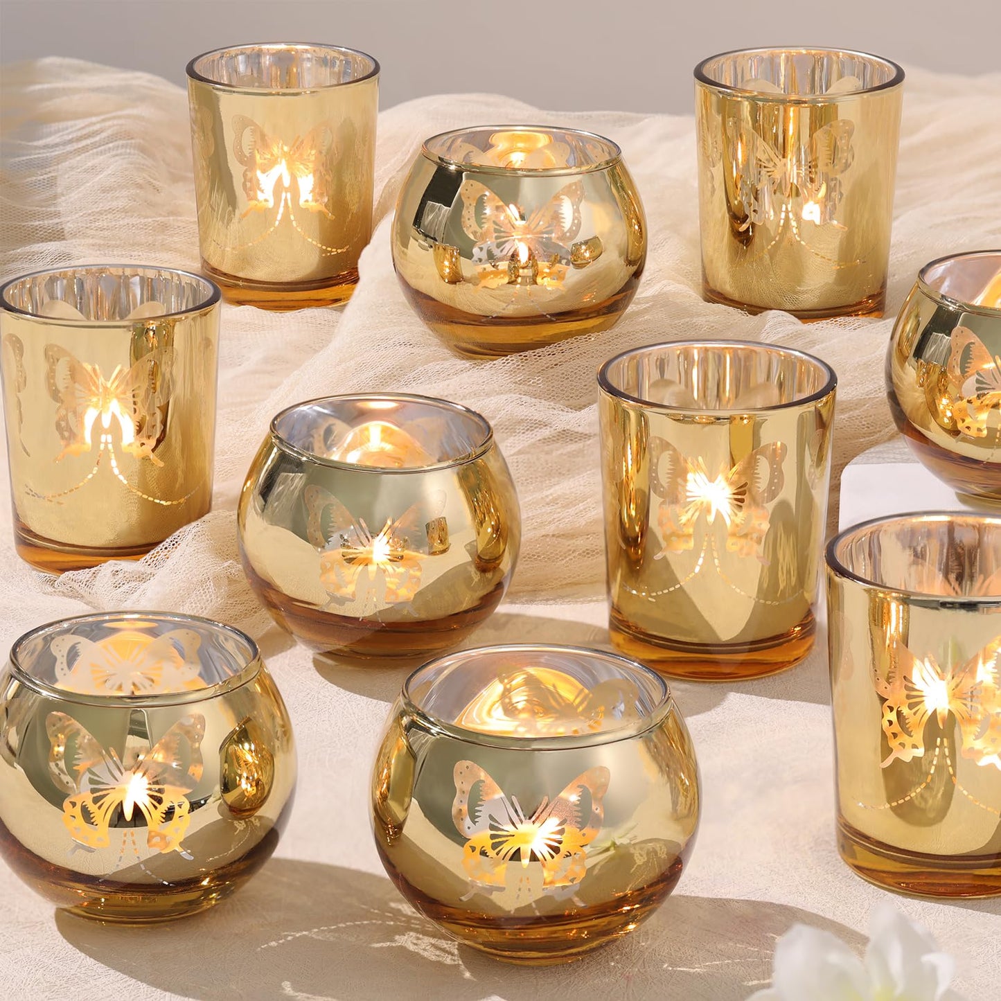 Lanttu Gold 12 PCS Combination Tea Lights Candle Holder Decorative with Butterfly Pattern, Votive Candle Holders for Wedding, Birthday, Anniversary, Parties, and Holiday Decorations