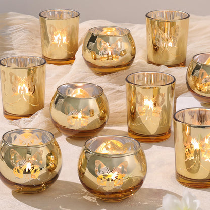 Lanttu Gold 12 PCS Combination Tea Lights Candle Holder Decorative with Butterfly Pattern, Votive Candle Holders for Wedding, Birthday, Anniversary, Parties, and Holiday Decorations