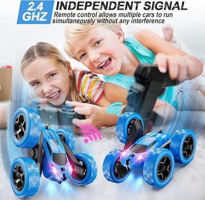 Remote Control Car RC Cars Toys for Kids Ages 6-12 4WD Stunt Car with LED Lights &amp 360° Flips 2.4GHz Upgraded USB-C Modular Batteries 8-10 Year Old Boys Birthday Gift 1-Blue