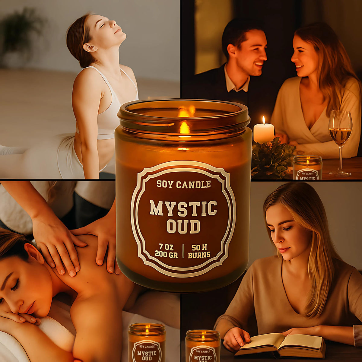 Luxury Soy Candle Gift Set, 4 Pack Amber Glass Jars with Crackling Wooden Wick, Handcrafted Scented Candles, Gift Ready Box
