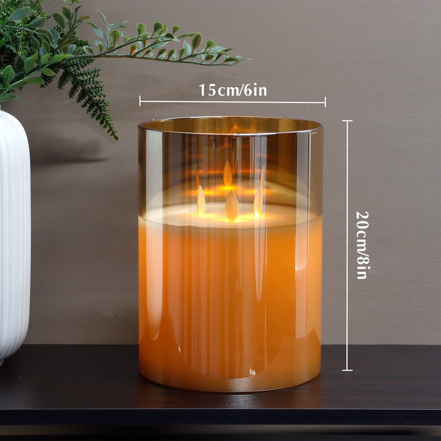 JHY DESIGN Large 3-Wick Glass Flameless Candles 8''H Battery Operated Dancing Flame Flickering LED Pillar Candles with 6-Hour Timer Real Wax Candles for Home Wedding Party Festival（Gold）