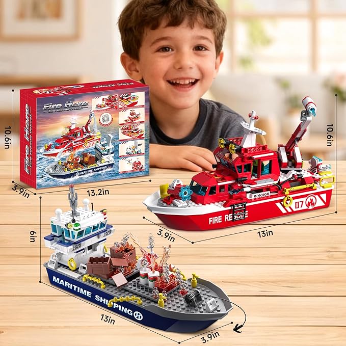 City Floating Boats Building Set Police Boat and Fire Rescue Boat Compatible with Lego Ship City STEM Building Toys Ideal Gift for Kids Boys Girls 6 7 8 9 10 11 12
