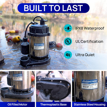 AQUASTRONG 3/4 HP Sump Pump, 4200 GPH Stainless Steel and Thermoplastic Submersible Water Pump, Automatic Float Switch with Piggy-back Plug,1-1/2" NPT Discharge Subpumps for Basement and Flooding Area