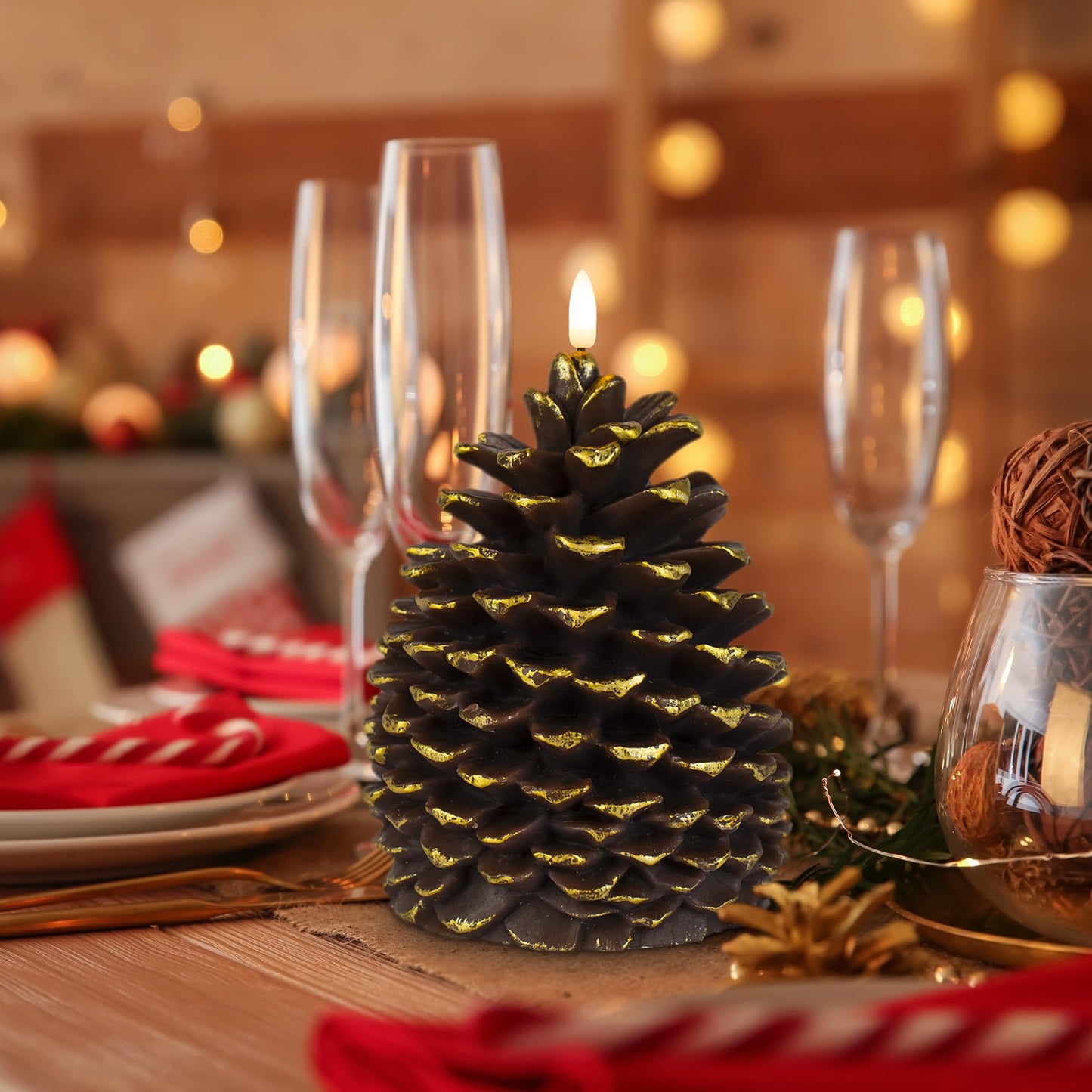 Yongmao Large Pine Cone Flickering Flameless Candles with Timer, Battery Operated Real Wax LED Candles for Christmas Home Party Decoration, Brown