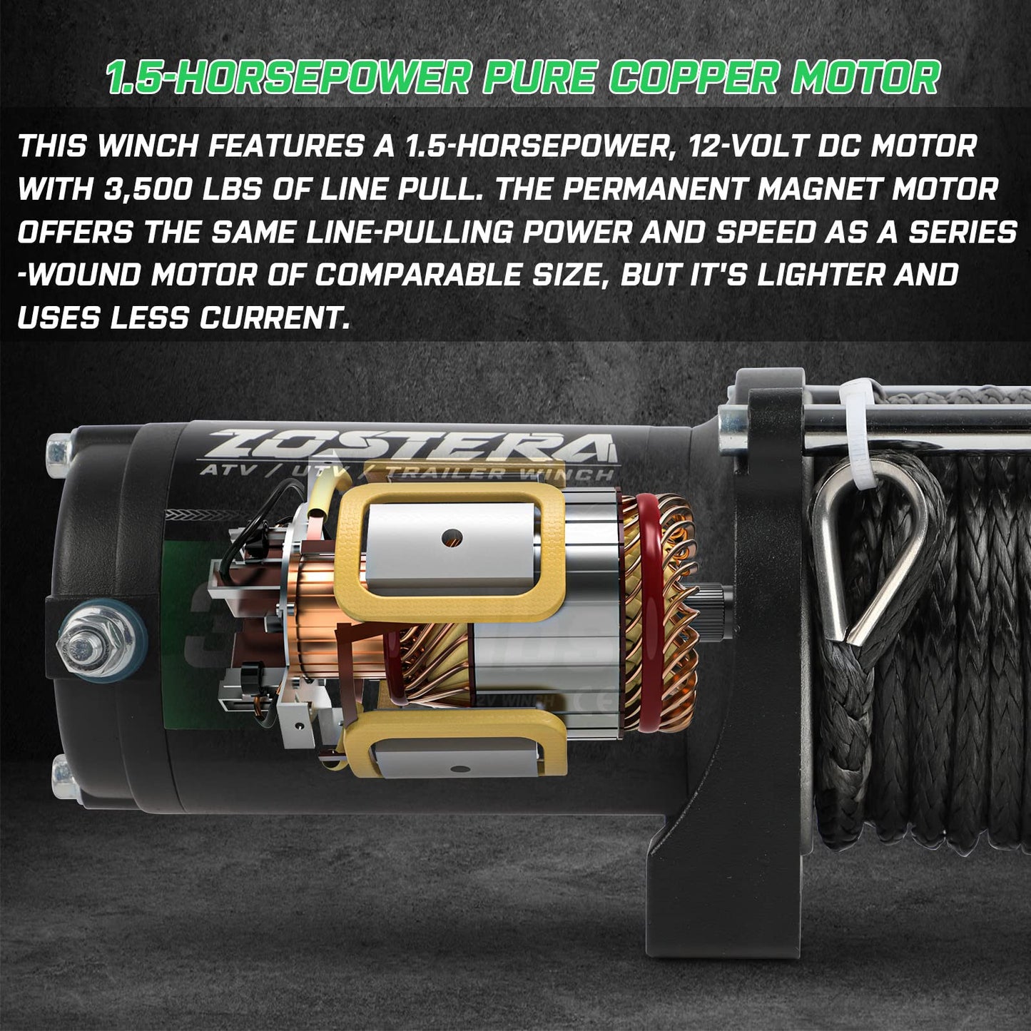 Zostera 3500lbs ATV/UTV Winch with Synthetic Rope, Electric Boat Trailer Winch 12V, Waterproof Winch with 2 Wireless Remotes &Wired Switch,with Mounting Plate,Pulley,Rope Damper,Aluminium Fairlead