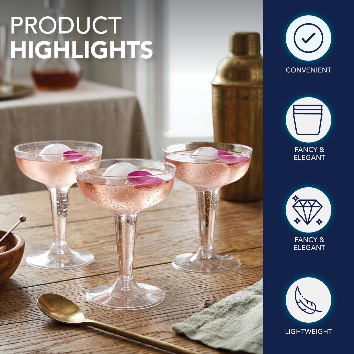 Party Essentials Disposable Hard Plastic Two Piece 4 oz. Toasting Cocktail Cups, 50-Count, Clear Champagne Glasses