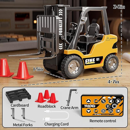 1/64 MINI RC Forklift ToyRemote Control Engineering Truck with Lights &amp Sounds2 in 1 Lift Fork &amp Hook Truck for Adults Boys Kids Age 6-8 8-12 Years Old.