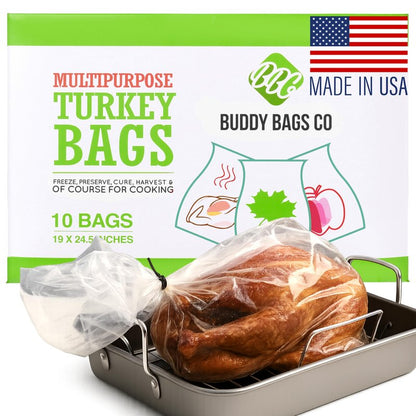 Buddy Bags Co Oven Bags for Roasting | Turkey Size (19" x 24.5") | 10-Pack Heavy-Duty, Oven-Safe Turkey Bags | BPA-Free, Heat-Resistant, Made in USA