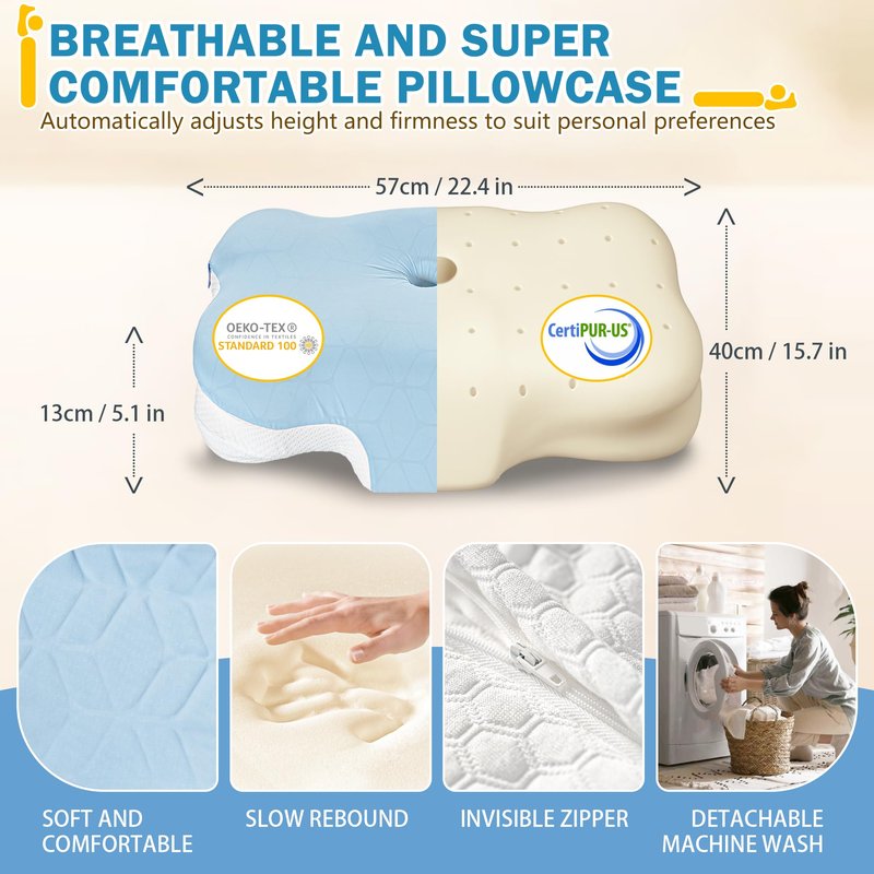 Cervical Memory Foam Pillow for Neck Support, Ergonomic Contour Pillow for Back and Side Sleepers, Breathable Slow-Rebound Foam, Cloud-Like Comfort (2, White)