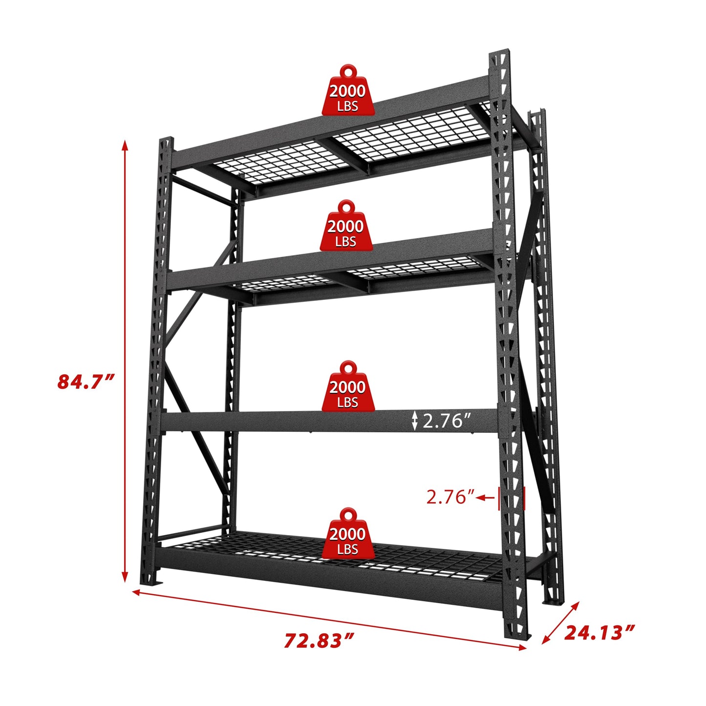 MUPATER 72" W x 24" D x 84" H Heavy Duty Storage Shelves, 8000 Pound Load Capacity, 4-Tier Adjustable Industrial Shelving, Metal Garage Storage Rack for Warehouse, Garage, Kitchen