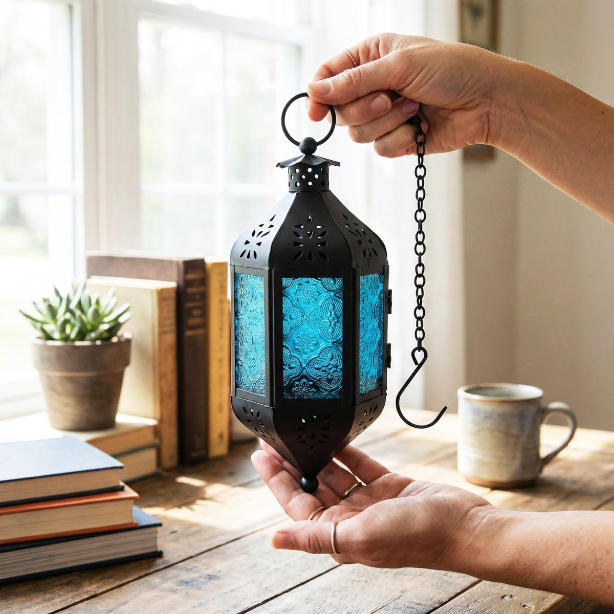 Vela Lanterns Hanging Moroccan Lamp - Exotic Decorative Patio & Porch Decor, Indoor Outdoor Tea Light Candle Lantern Holder with Chain (11" Medium, Blue Glass)