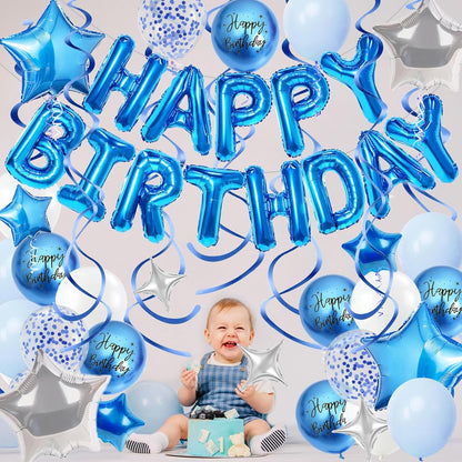 3D Foil Blue Happy Birthday Balloon Banner by [Brand Name] - Star Balloons & Confetti for All Ages