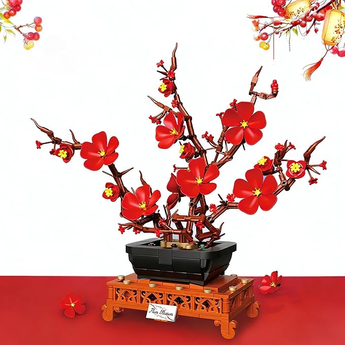 Plum Blossom Building Sets Red Plum Buiding Blocks Artificial Flowers for Table Decor Plants Collection Blocks Kit for Living Room Home Office Christmas &amp Birthday Gifts for Ages 14+ 692PCS