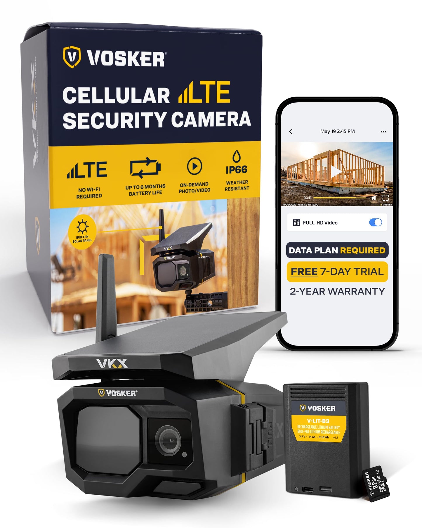Vosker VKX Construction Pack Solar 4G LTE Security Camera, Wireless Outdoor Surveillance for Remote Construction Sites - No Wi-Fi Needed, SIM Card Included Night Vision, IP65 Weather-Resistant