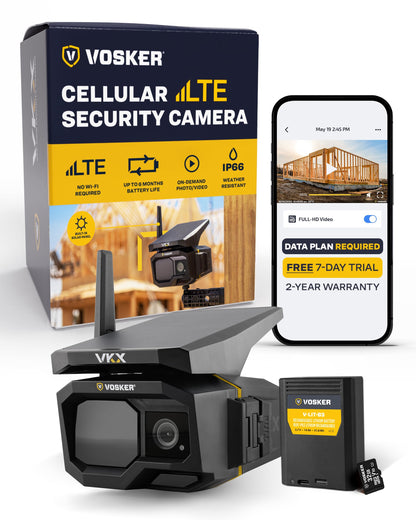 Vosker VKX Construction Pack Solar 4G LTE Security Camera, Wireless Outdoor Surveillance for Remote Construction Sites - No Wi-Fi Needed, SIM Card Included Night Vision, IP65 Weather-Resistant