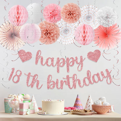 Vlipoeasn Pink White Rose Gold 18th Birthday Decorations, 18th Birthday Paper Lanterns, Tissue Pom Poms Fan,Honeycomb Ball, Happy 18 Year Old Party Supplies for Girls