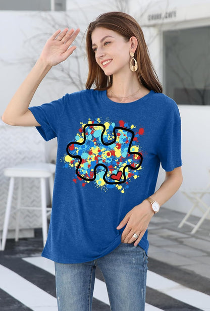 LAZYCHILD Autism Awareness Shirt - Women's Blue T-Shirt with Puzzle Piece Design