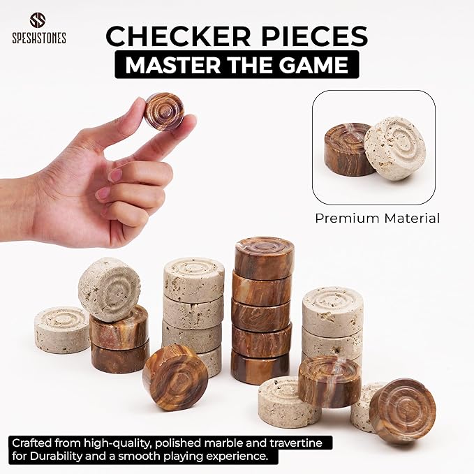 Marble Checkers Set 15 Inch Handmade Travertine &amp Brown Checkers Board Game with Checker Pieces - Board Games for Adults Game Table Accessories Gifts &amp Home Décor