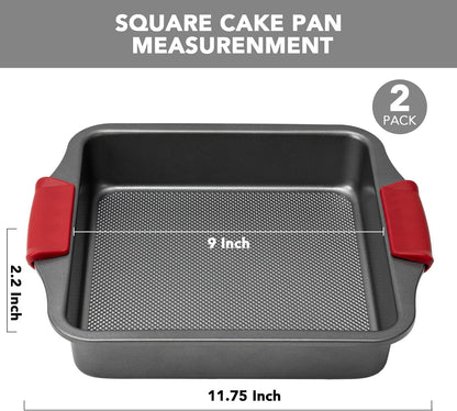 Tiawudi 9" Square Cake Pan Set - Heavy Duty Nonstick Bakeware with Diamond Texture & Silicone Grip Handles