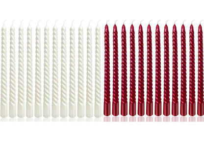 10 Inch Metallic Spiral Taper Candles Set, 12 Pack White and 12 Pack Burgundy Unscented Candlesticks, Dripelss Twisted Candles for Wedding Dinner Holiday…