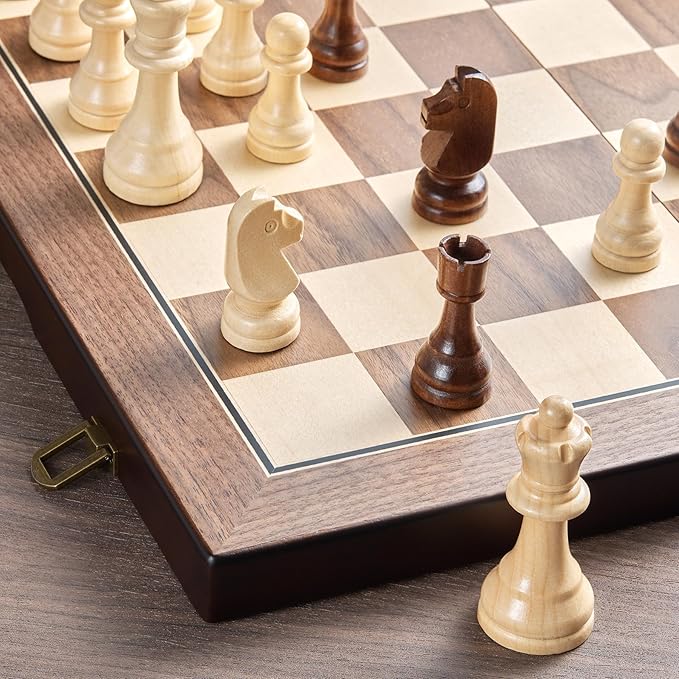 AMEROUS 17'' Magnetic Wooden Chess Set for Adults Kids - with Folding Board Gift Package Pieces Storage Slots Handmade PiecesChess Board Game Set for Tournament Professional Beginner
