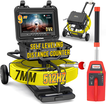 Anysun Sewer Camera with Locator 300ft, Self Leveling Sewer Inspection Camera with Distance Counter, 7MM Diameter Cable with Trolley and Wheels, 9" HD Monitor with DVR Drain Pipe Camera(32GB Card)