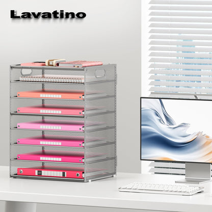 Lavatino 8-Tier Office Desk File Organizer, Letter Tray Paper Organizer with Handle, Including 5 Adjustable Slide Trays for Organizing Desktop Workspace Accessories and Supplies (Silver Metal Mesh)