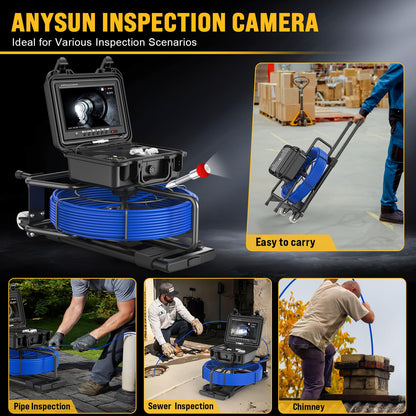 Anysun Sewer Camera with 512hz Sonde 150ft, Self Leveling Sewer Inspection Camera with Distance Counter, 7MM Diameter Cable with Trolley and Wheels, 9" HD Monitor with DVR Drain Pipe Camera(32GB Card)