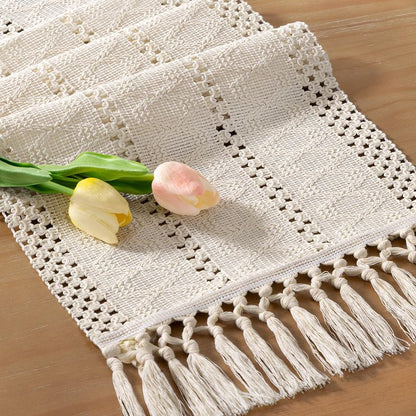 Socomi Boho Table Runner Summer Farmhouse Rustic Dining Kitchen Centerpiece Decor Small Macrame Woven Cotton Linen Coffee Table Runner for Dresser Scarf Home Decor 12x60 inch Beige