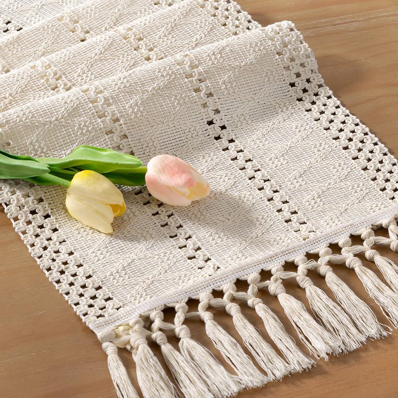 Socomi Boho Table Runner Summer Farmhouse Rustic Dining Kitchen Centerpiece Decor Small Macrame Woven Cotton Linen Coffee Table Runner for Dresser Scarf Home Decor 12x36 inch Beige