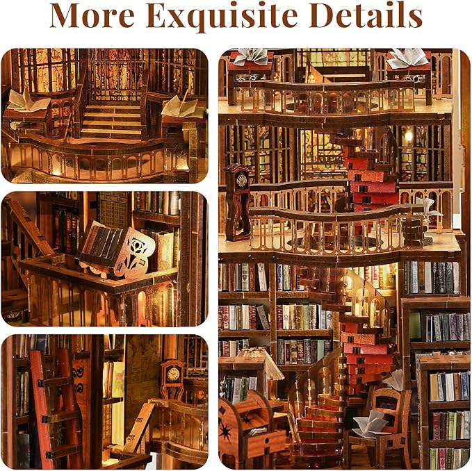 DIY Book Nook Kit - 3D Miniature Wooden Scene with LED Lights Dustcover &amp Tools for Shelf Decor (Abbey Library)