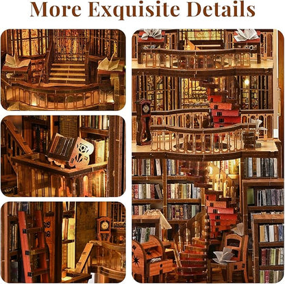 Book Nook Library Kit DIY Miniature Dollhouse Booknook Kit 3D Wooden Puzzle Bookend Bookshelf with LED Light for Adults Teens (Abbey Library)