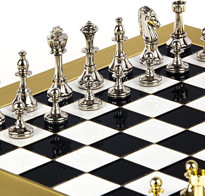 Classic Metal Staunton Chess Set - Brass Nickel Pawns - Gold Black Chess Board