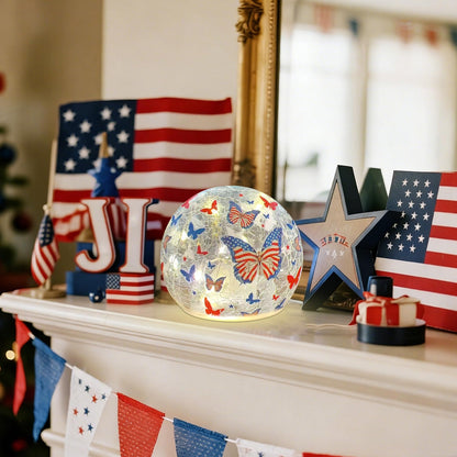 Memorial Day Decorations,3PCS Independence Day Decorative Lights, 3.93-inch Independence Day Desktop Decoration LED Night Light, Cracked Glass Ball Light with Timer, 4th of July Ornament (Butterfly)