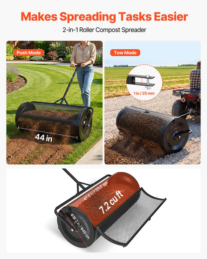 VEVOR Compost Spreader, 44" Wide Peat Moss Spreader with Push/Tow Handle, 4 Heights Adjustable, Powder-Coated Steel Garden Peat Moss Roller, Heavy Duty Grass Seed R