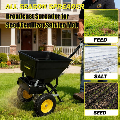 EAGWON Walk-Behind Push Broadcast Spreader, 100lb Capacity Fertilizer Spreader, 0-9.8ft Spreading Width, 13in All-Terrain Solid Tires, All Season for Seed/Fertilizer/Salt/Ice Melt