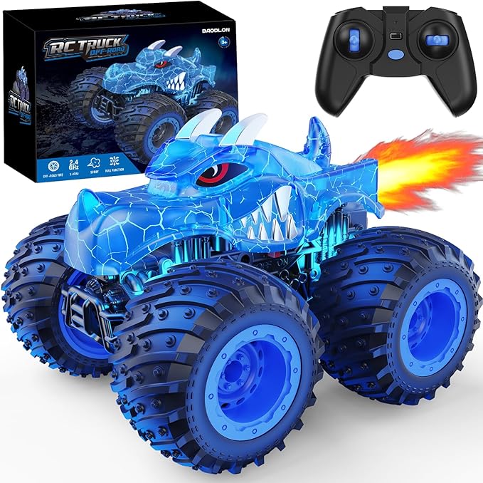 BAODLON Remote Control Monster Car 2.4GHz RC Monster Trucks Toys for 3 4 5 6 7 8 Years Old Boys Kids All Terrain RC Truck Off Road with Spray Light Rechargeable Battery Christmas Birthday Gifts