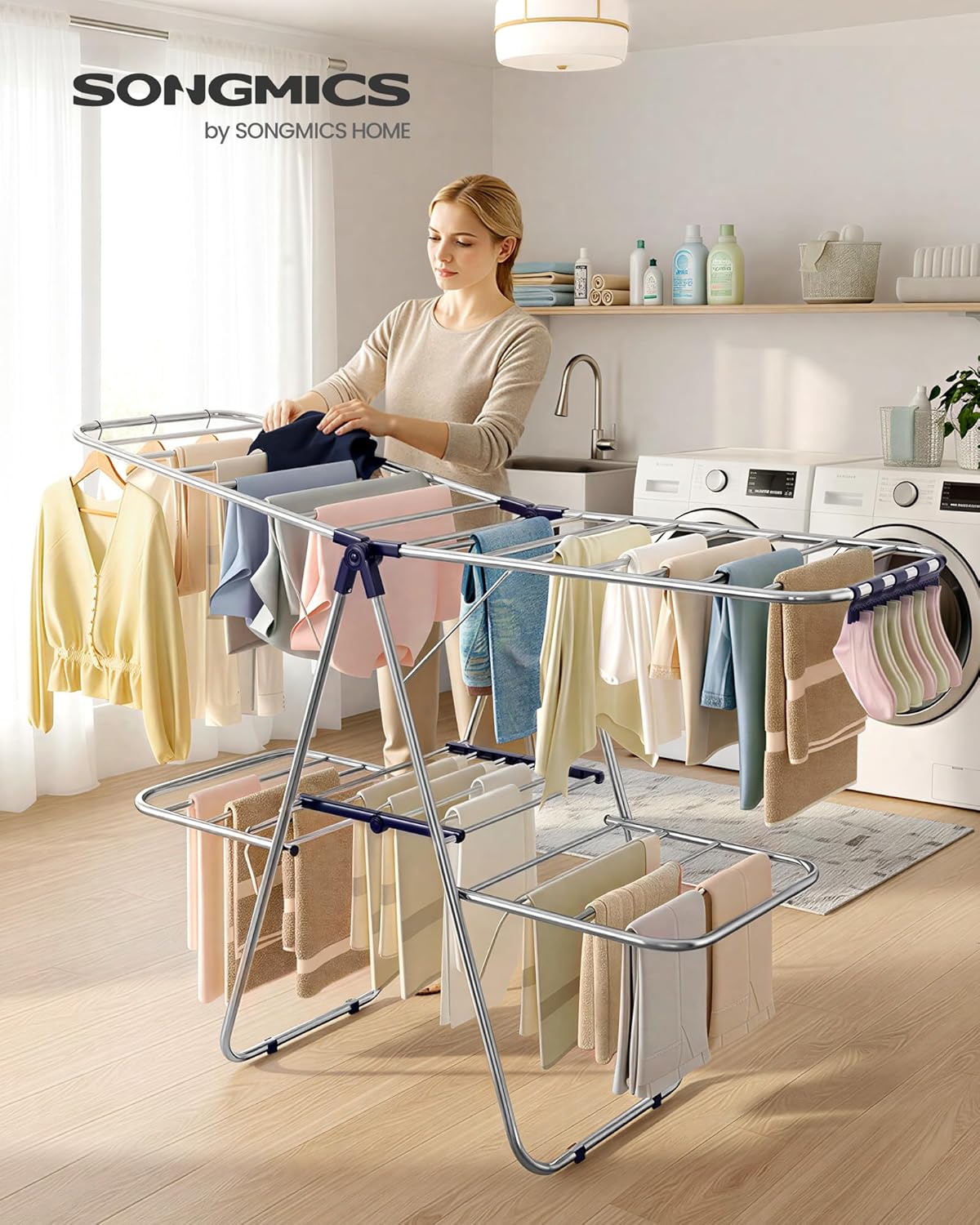 SONGMICS Foldable Clothes Drying Rack - 2-Level Laundry Airer with Adjustable Wings & 33 Rails | Silver & Blue