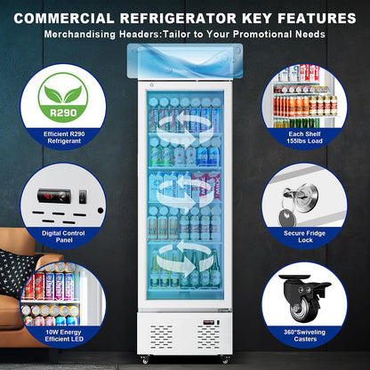 FreezLabs White Commercial Glass Door Display Refrigerator 11 Cu.ft Cooler Beverage Refrigerators with LED Light and 5 Shelves for Cafe Restaurant Store Bar