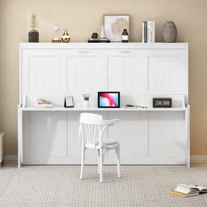 Ball & Cast Horizontal Murphy Bed Queen Size,Hidden Folding Wall Bed Frame with Hydraulic Lift&Desk,Wood Cabinet Platform Bed can be Folded into Desk,Space Saving for Bedroom,Guest Room,White