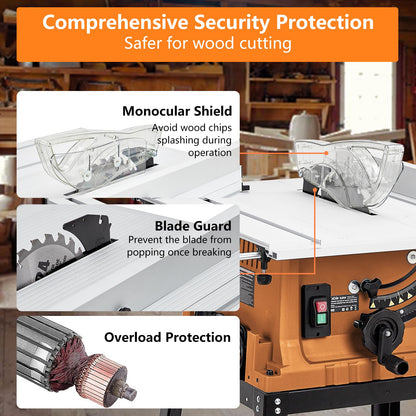 Table Saw, 10 Inch 15A Multifunctional Saw With Stand & Push Stick, 90° Cross Cut & 0-45° Bevel Cut, 5000RPM, Adjustable Blade Height for Woodworking, Orange