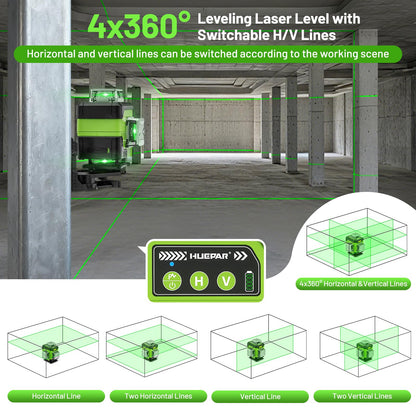 HUEPAR Laser Level 360 Self Leveling with LCD Screen, 4 x 360° High Brightness Rechargeable 4D Lazer Leveler Tool for Construction and Picture Hanging, Strong Magnetic Bracket&Hard Carry Case -Y04CG