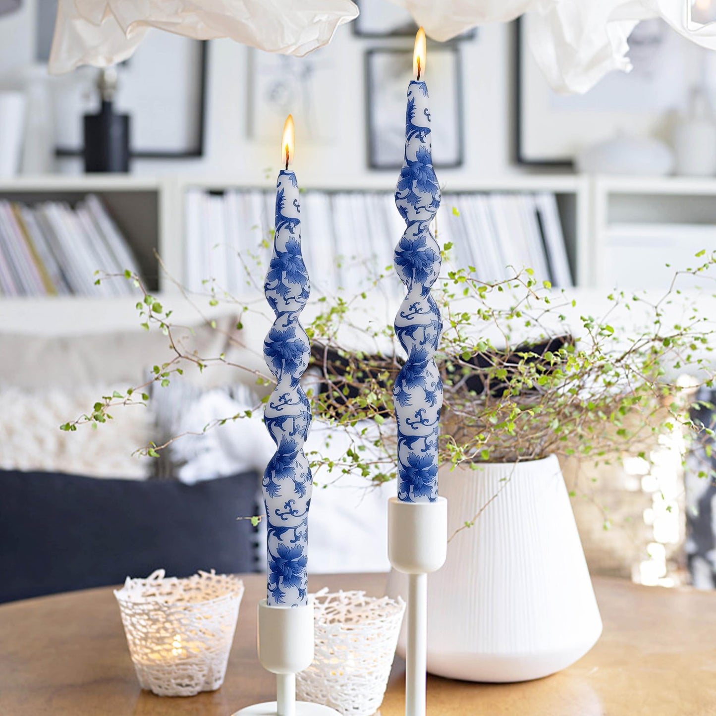 Blue White Porcelain Spiral Candles Sticks Floral Twisted Taper Candles 10 in Hand Printed Taper Candle for Home Garden Decor, 2Pcs
