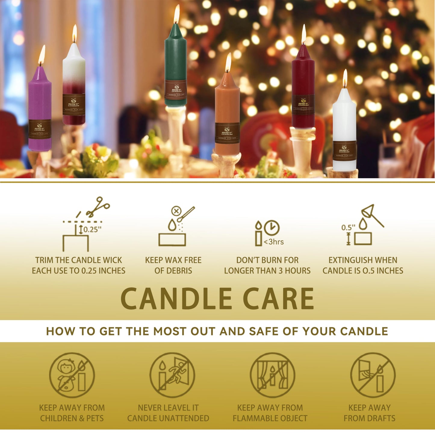Christmas Metallic Gold Candle 5 Inch Short Smokeless Taper Candles 4 Pack Unscented Dinner Candle for Christmas Dinner